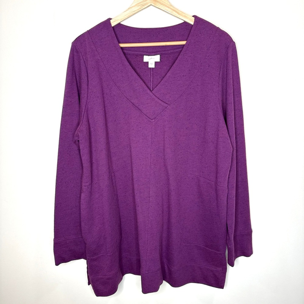 J.Jill Fit V Neck Sweatshirt Tunic Women's L Purple Pockets Stretch Activewear